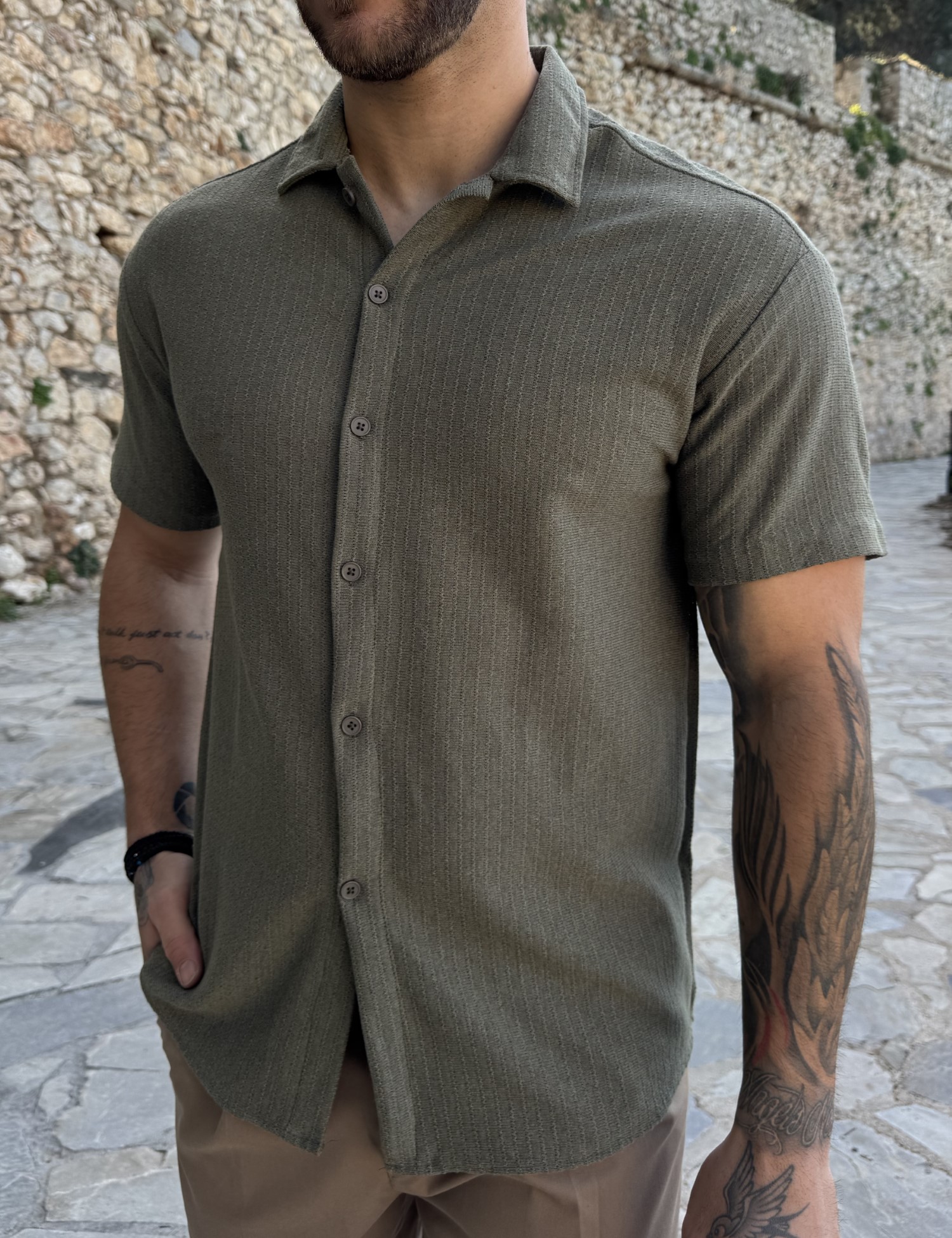 Ανδρικό λαδί πλεκτό κοντομάνικο πουκάμισο RMZ19132L φωτογραφία